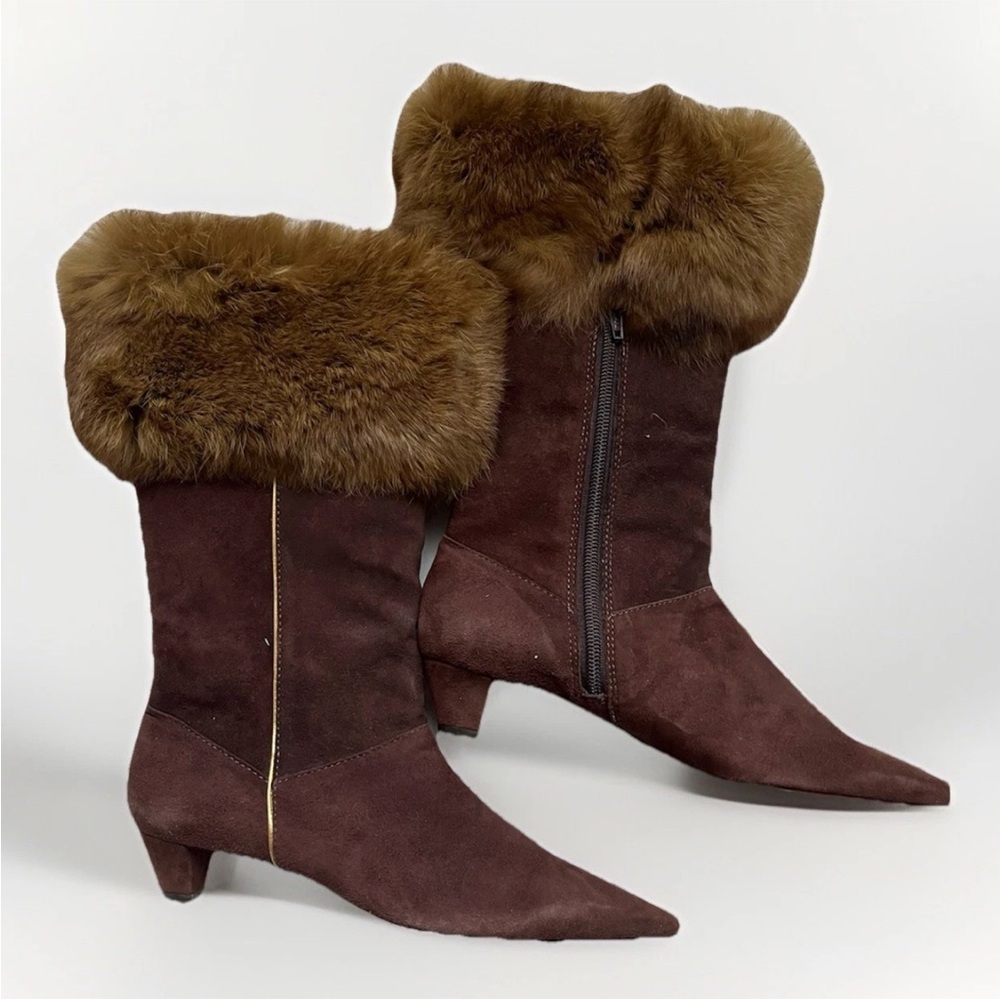 Tommy Hilfiger Brown Suede Ankle Booties W/ Fur Trim - Picture 2 of 8